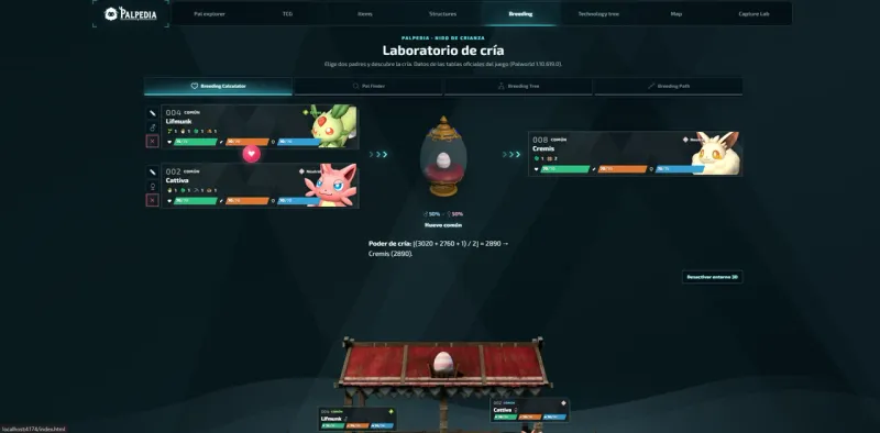 Palpedia Palworld breeding calculator with parent and child results