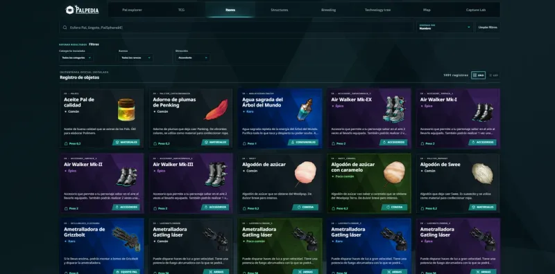Palpedia item database showing Palworld equipment and materials