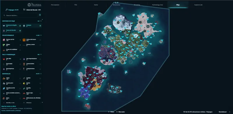 Palpedia interactive Palworld map with locations and collectible filters
