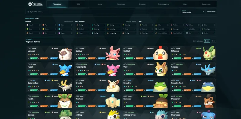 Palpedia Paldeck showing searchable Palworld creatures and their stats