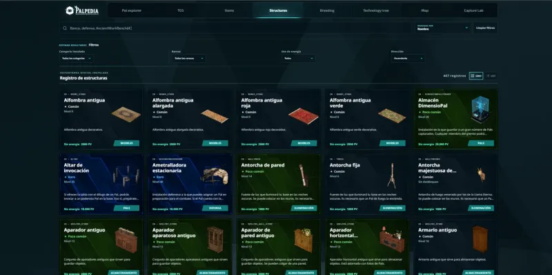 Palpedia structure database showing buildable Palworld objects