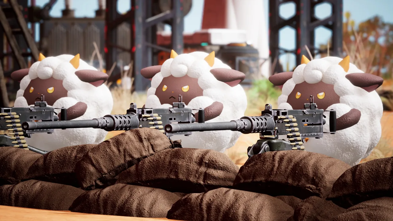 Lamballs defending a Palworld base